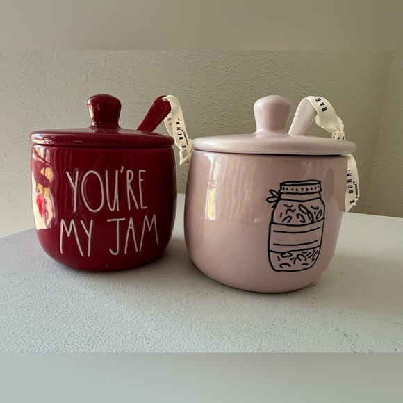 Rae Dunn | You’re My Jam Set Jar Containers Pots | With Spoons | Pink Red - Picture 1 of 6